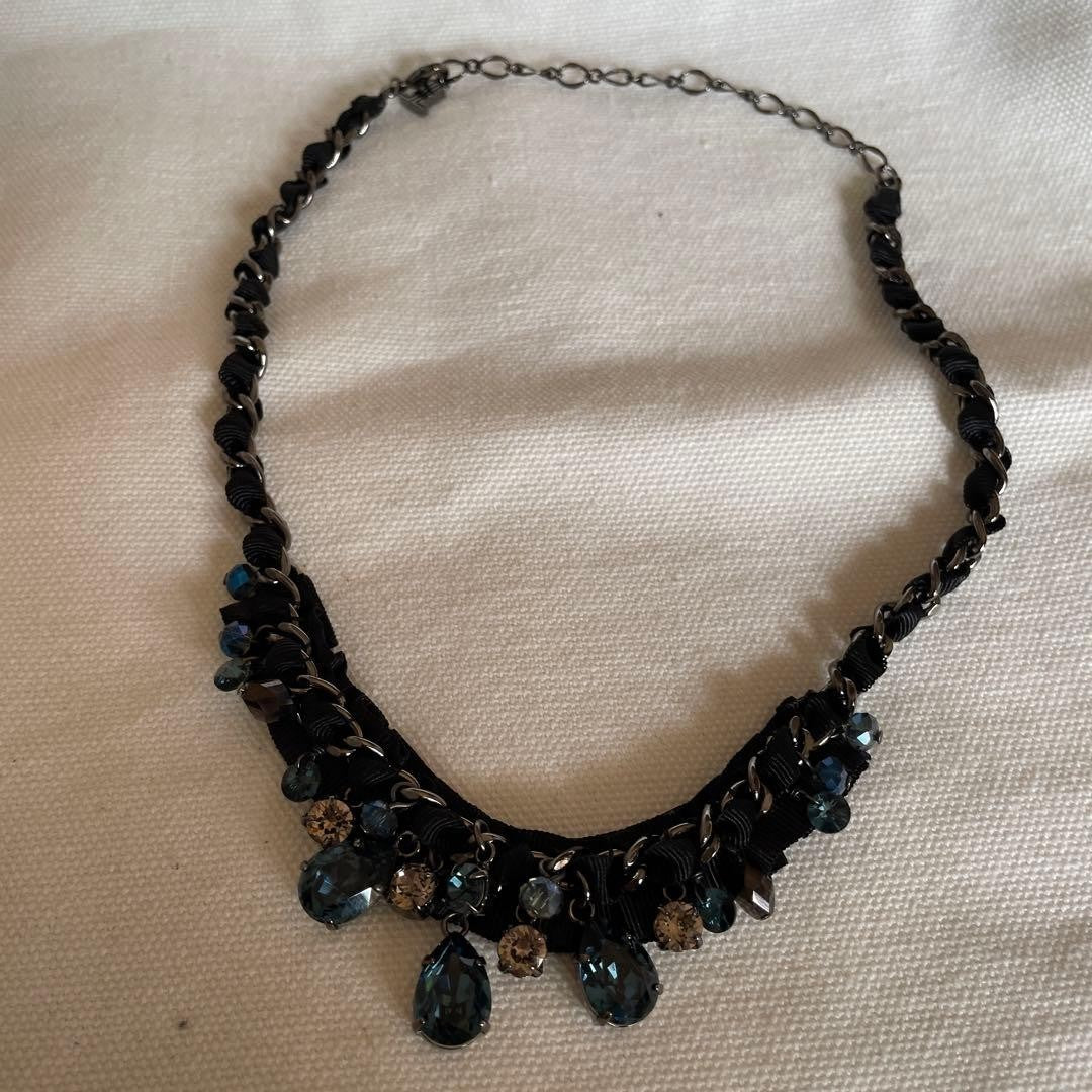 LANVIN Blue Stone Necklace Black Ribbon Elegant Designer Jewelry From Japan Rare