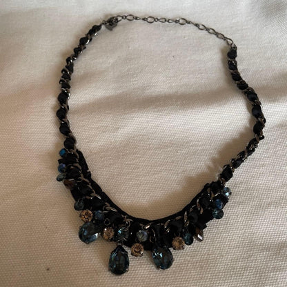 LANVIN Blue Stone Necklace Black Ribbon Elegant Designer Jewelry From Japan Rare