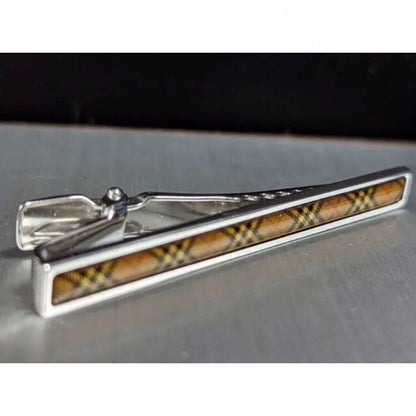 Burberry Tie clip bar pin Brown Nova check Silver color 6cm no Box Men's Jewelry
