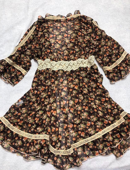 LIZ LISA doll Floral tunic Ruffle cardigan Lace Brown￼