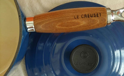 LE CREUSET 20cm Wood Handle Enameled Saucepan Blue Vintage Collectible Pot