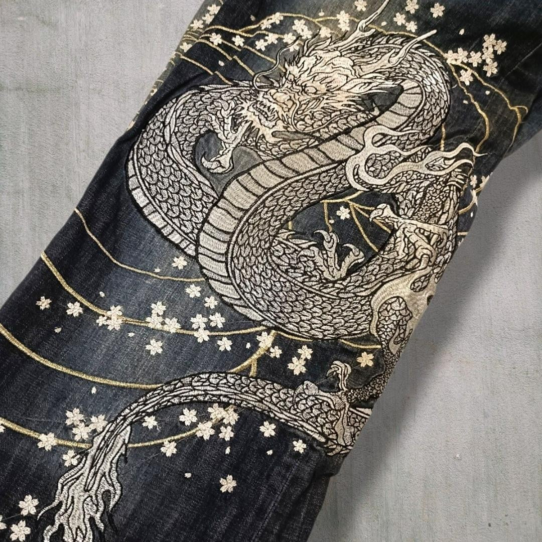 Karakuri Tamashii Dragon Koi Sakura Embroidery Denim Jeans W42 Rare
