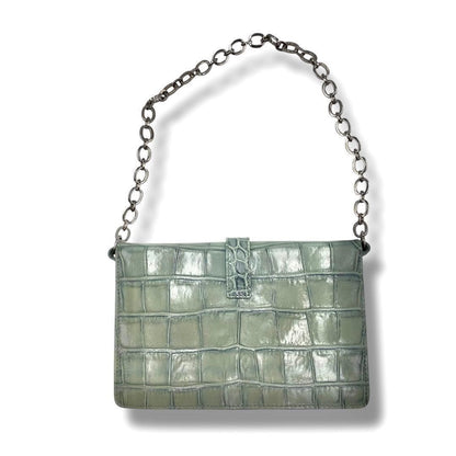FURLA Croco Embossed Leather Shoulder Bag Green Small Brand Authentic