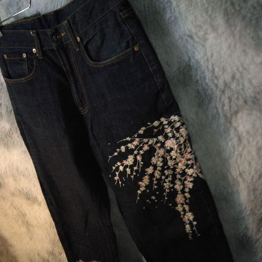 Hanatabi Gakudan Men's Denim Jeans Pants Koi Sakura Embroidered Blue 30