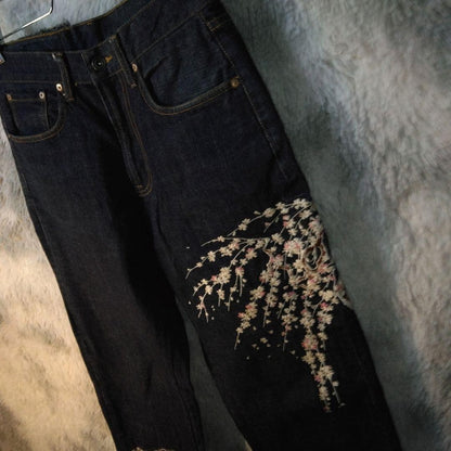Hanatabi Gakudan Men's Denim Jeans Pants Koi Sakura Embroidered Blue 30