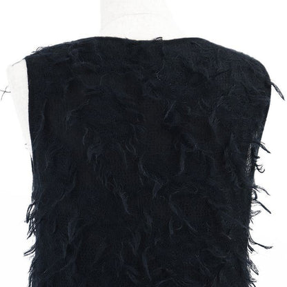 CHANEL 09A P36107 Mohair Fringe Sleeveless Dress Women Size 38 Dark-Navy