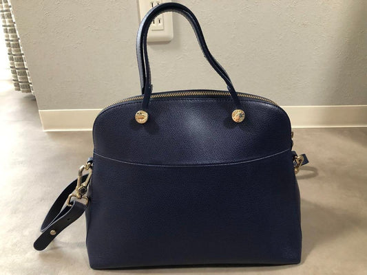 FURLA 2way Piper M Hand Tote Crossbody Bag Women Navy Blue Genuine USED