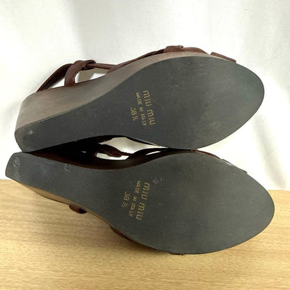 Rare Miu Miu Brown Leather Wedge Sandals 38.5 EU Beautiful Condition