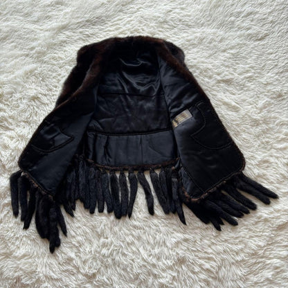 Rare SAGA MINK ROYAL Brown Fringe Shawl Poncho Large