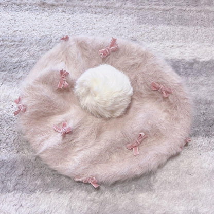 LIZ LISA Pink Fur Beret with Ribbon Cute Vintage Style Excellent Condition