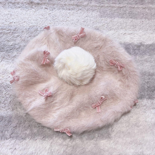 LIZ LISA Pink Fur Beret with Ribbon Cute Vintage Style Excellent Condition