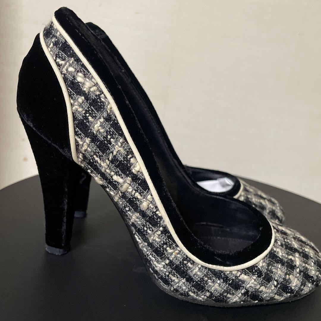 CHANEL Shoes Pumps Heel EU 36 US 6 Tweed Black White Authentic