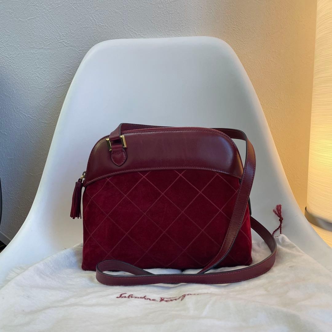 Ferragamo Suede Shoulder Bag Red Women Made in Italy Authentic from JAPAN