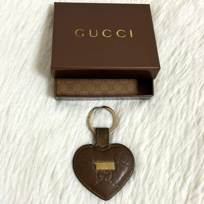 Authentic GUCCI Heart Strap Keychain KeyRing GG Leather Gold W/Box Made in Itary