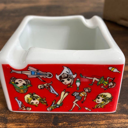 Retro Girl Cartoon Doll Ashtray with Accessories 1990s Vintage Used