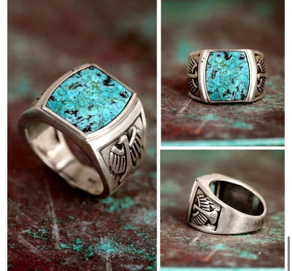 Turquoise Silver Ring with Eagle Engraving, Vintage Style, Men's