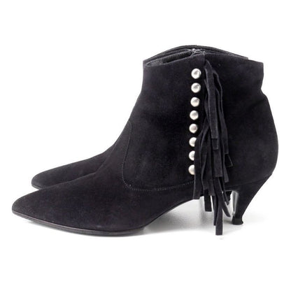 SAINT LAURENT PARIS boots Size 37 Studded fringe embellished suede short boo...