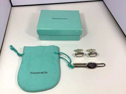 Tiffany & Co. Authentic Cufflinks Tie Pin Silver925 Blue Oval Men's With Box Bag