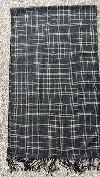 LORO PIANA Wool Check Scarf Gray Fringe 162x48cm