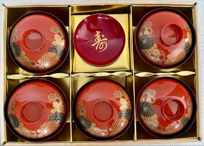 Japanese Lacquered Bowls & Sake Cup Set - Chrysanthemum Design, Red & Black