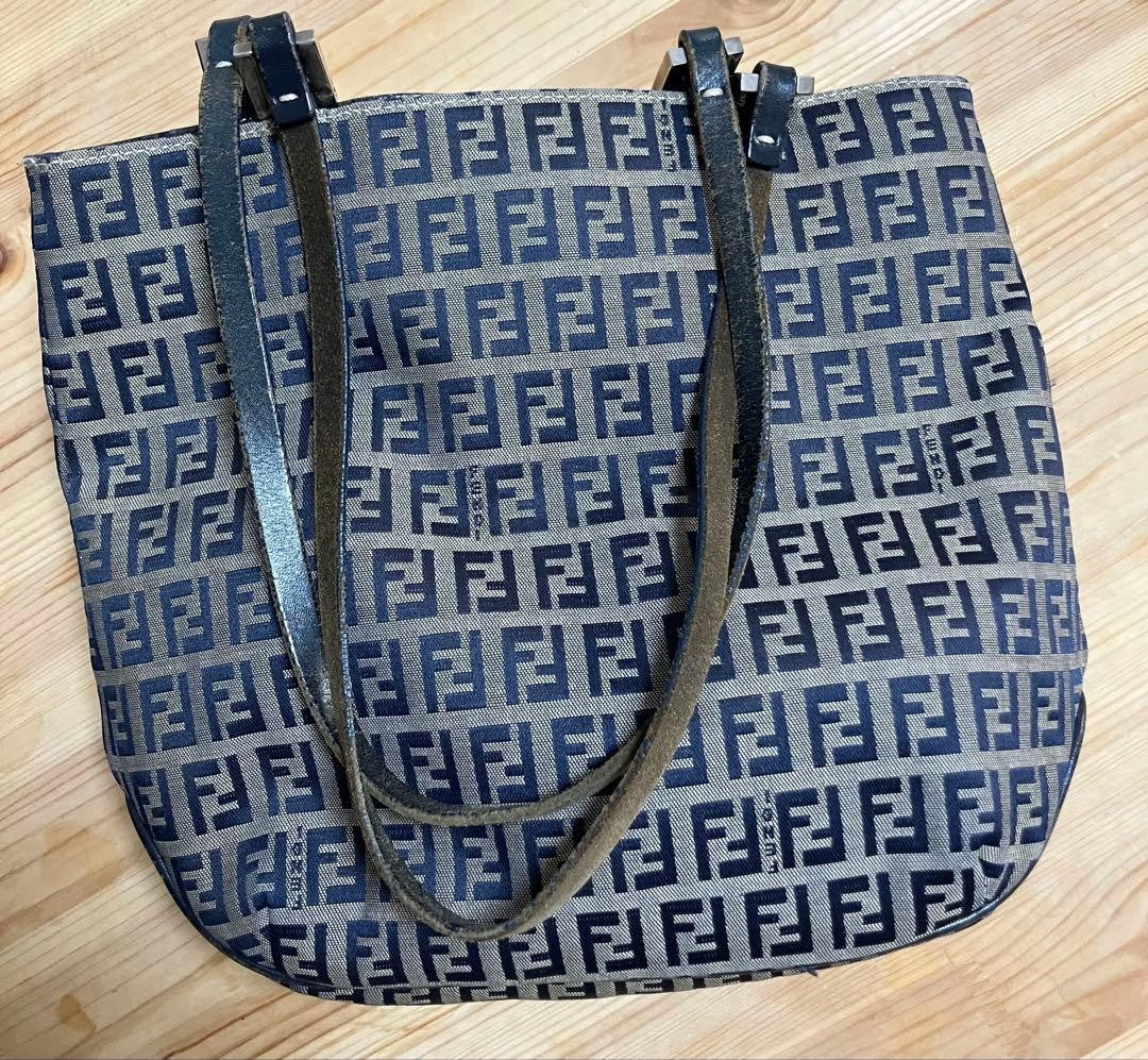 FENDI Zucca Tote Shoulder Bag Navy Beige Canvas Leather Logo Print Vintage Japan