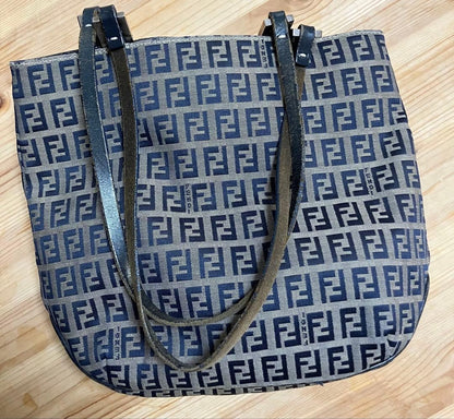 FENDI Zucca Tote Shoulder Bag Navy Beige Canvas Leather Logo Print Vintage Japan