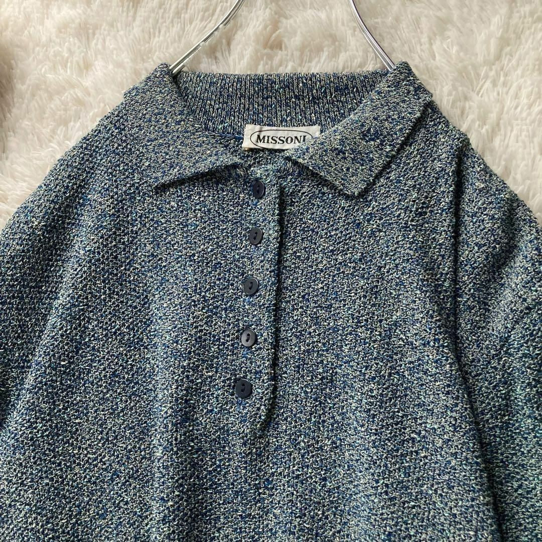 Missoni Women Vintage Summer Knit Polo Shirt Short Sleeve Blue Made In Italy 38