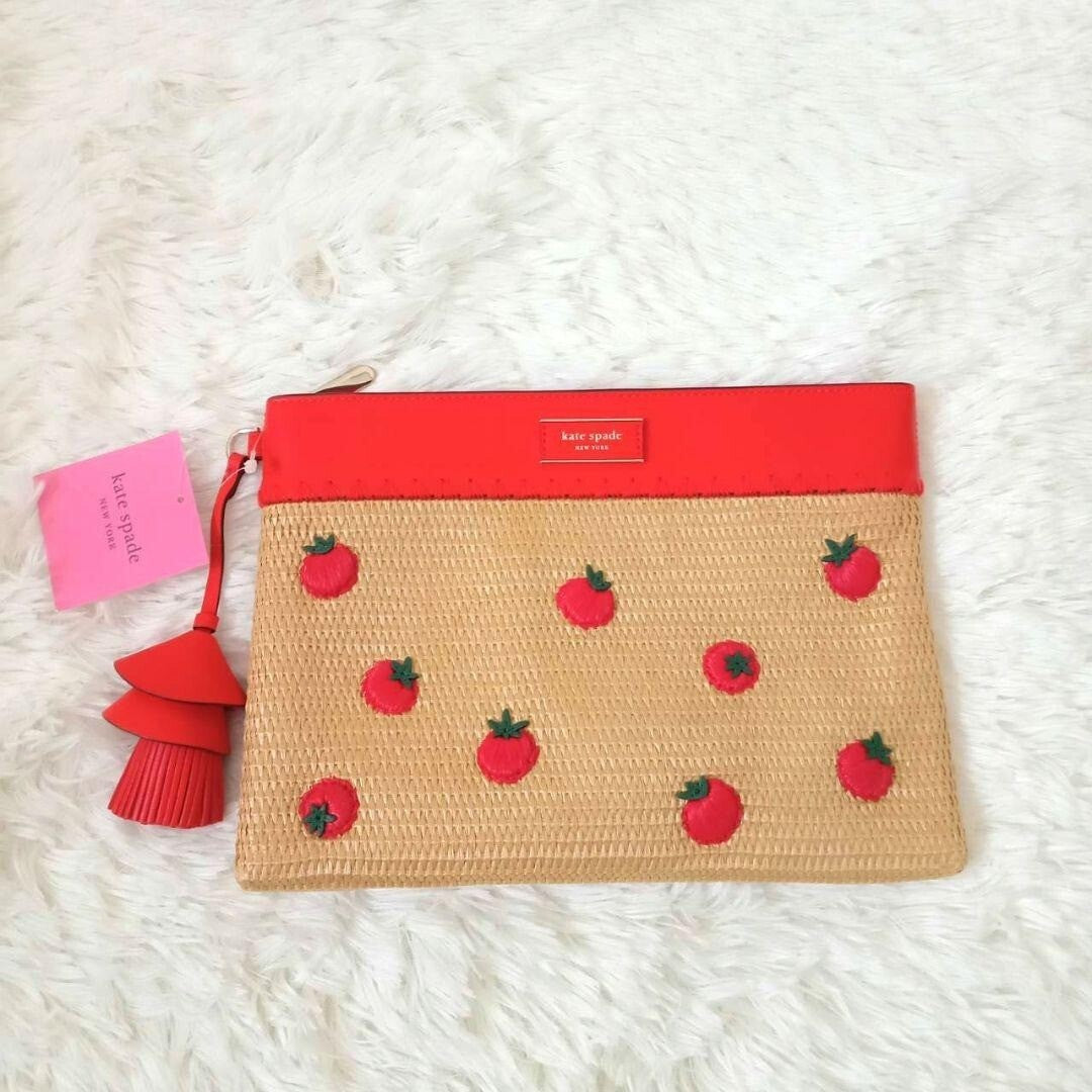 Kate Spade Tomato Clutch Bag Straw Summer Novelty embellished Clutch bag