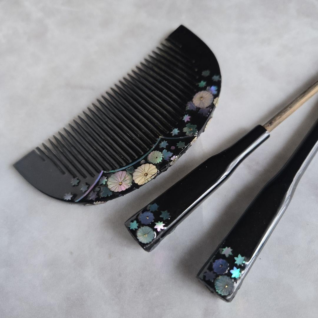 Japanese Hairpin, Comb, Black Lacquer, Mother-Of-Pearl, Hair Ornament, , N5, , C