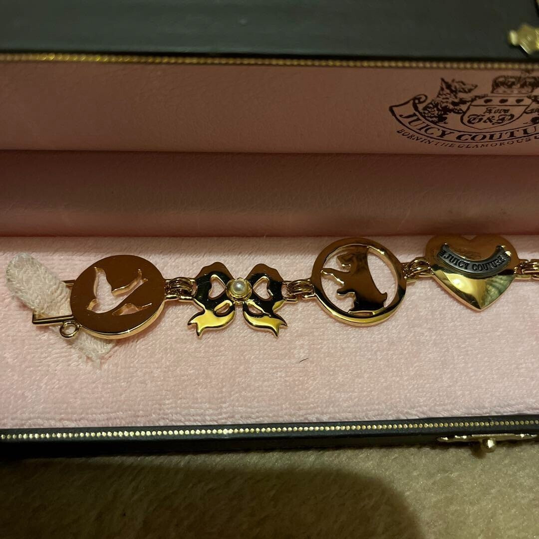 Juicy Couture Bangle bracelet Charm Gold Heart ribbon crown and cherries
