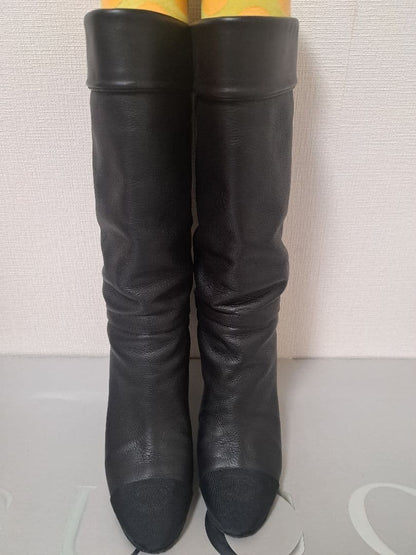 CHANEL Leather Long Boots Shoes Women Size 37 COCO MARK embroidery black