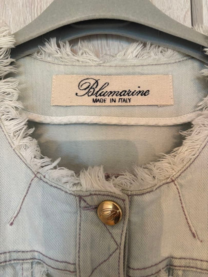 Blumarine Denim No-Collar Jacket with Fringe & Gold Buttons, Size M