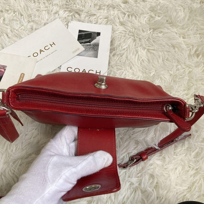 Rare COACH Vintage Turn Lock Red Leather 2 Way Shoulder Hand Crossbody Bag Auth
