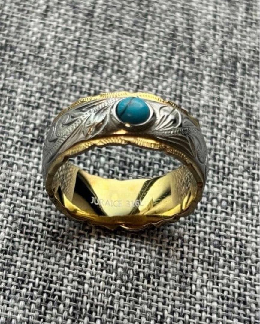 Hawaiian jewelry ring, stainless steel 316L/K14, turquoise natural stone, US 8.5