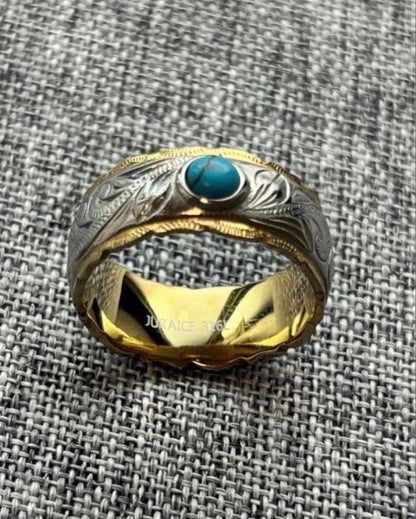 Hawaiian jewelry ring, stainless steel 316L/K14, turquoise natural stone, US 8.5