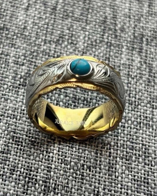 Hawaiian jewelry ring, stainless steel 316L/K14, turquoise natural stone, US 8.5