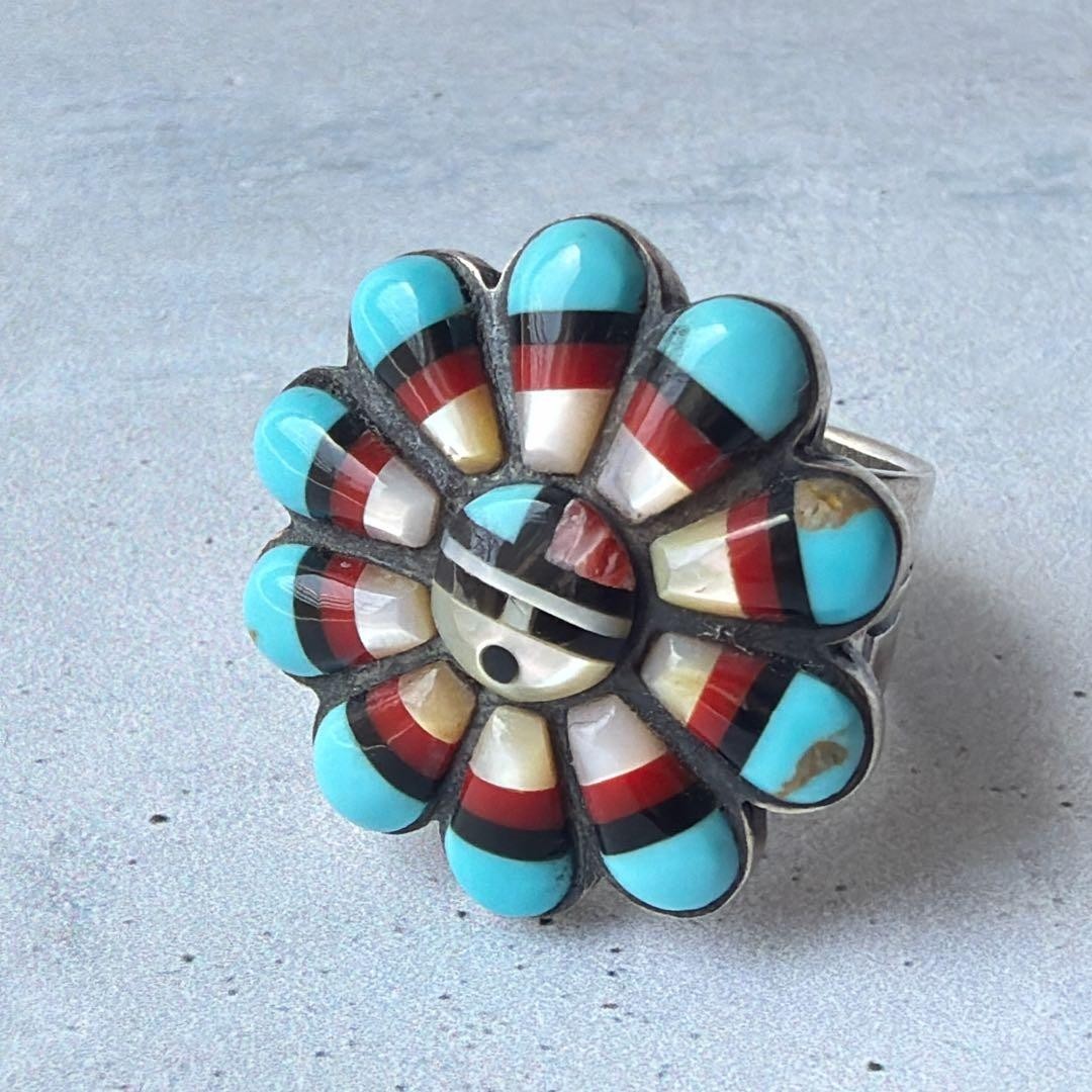 Zuni Sun God Sun Face Inlay Ring, US Size 8.5-9