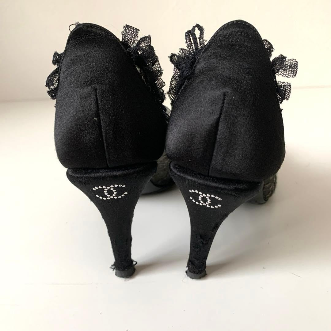 CHANEL Coco Mark Satin Lace Mesh Pumps US6 Made in Italy From Japan y7843