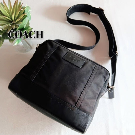 Coach Vintage Black Shoulder Bag Canvas Nylon with Leather Trim Large Crossbody