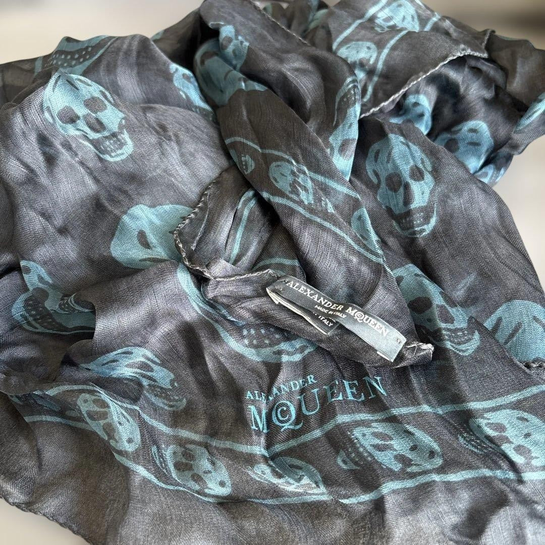 Authentic Alexander McQueen Skull Pattern Silk Scarf Italian Black/Blue