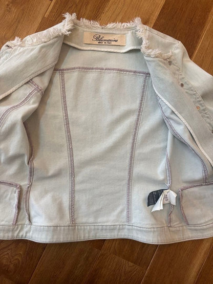 Blumarine Denim No-Collar Jacket with Fringe & Gold Buttons, Size M