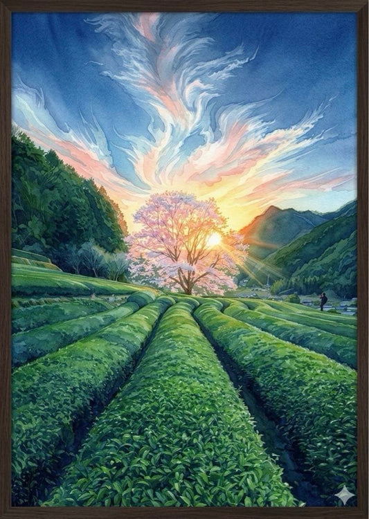 A fantastical landscape painting of tea fields and cherry blossoms (digital art)