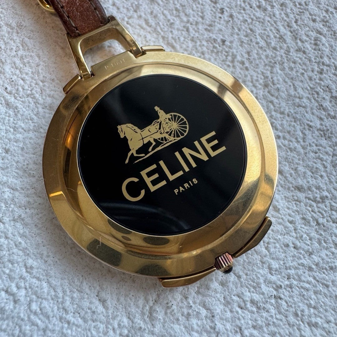 Ultra Rare CELINE Horse Carriage Gold Quartz Pocket Watch Vintage Authentic