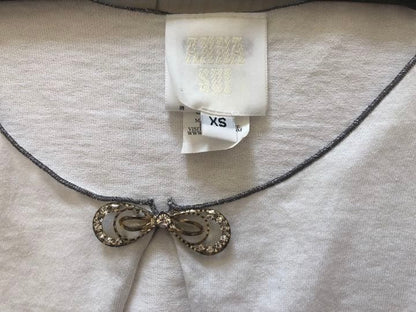 Anna Sui White Short Sleeve Cardigan XS Frill Ribbon Stickon Button Japan