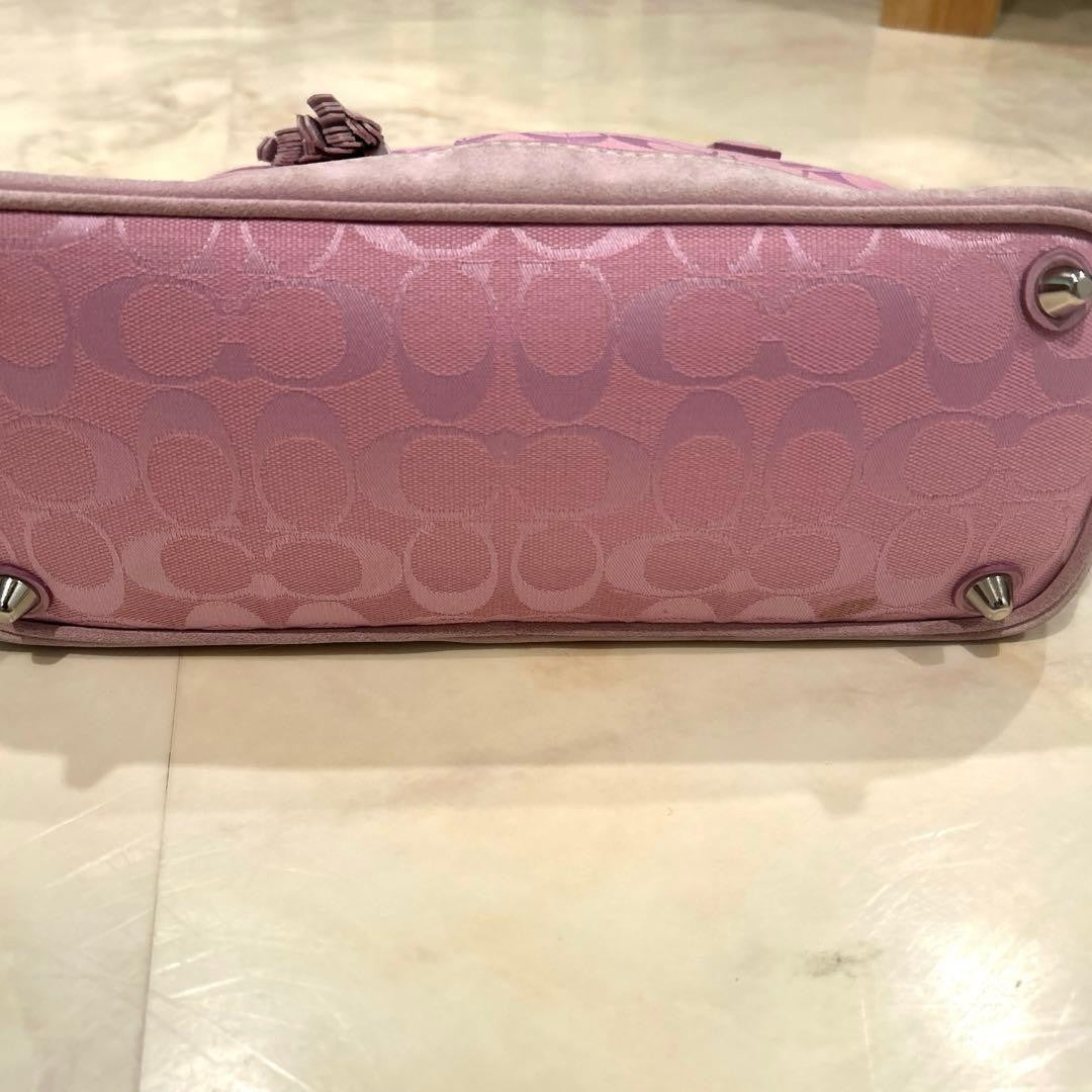 COACH Signature Pink 7052 Canvas Suede Leather Shoulder Bag Fits A4 Bottom Studs