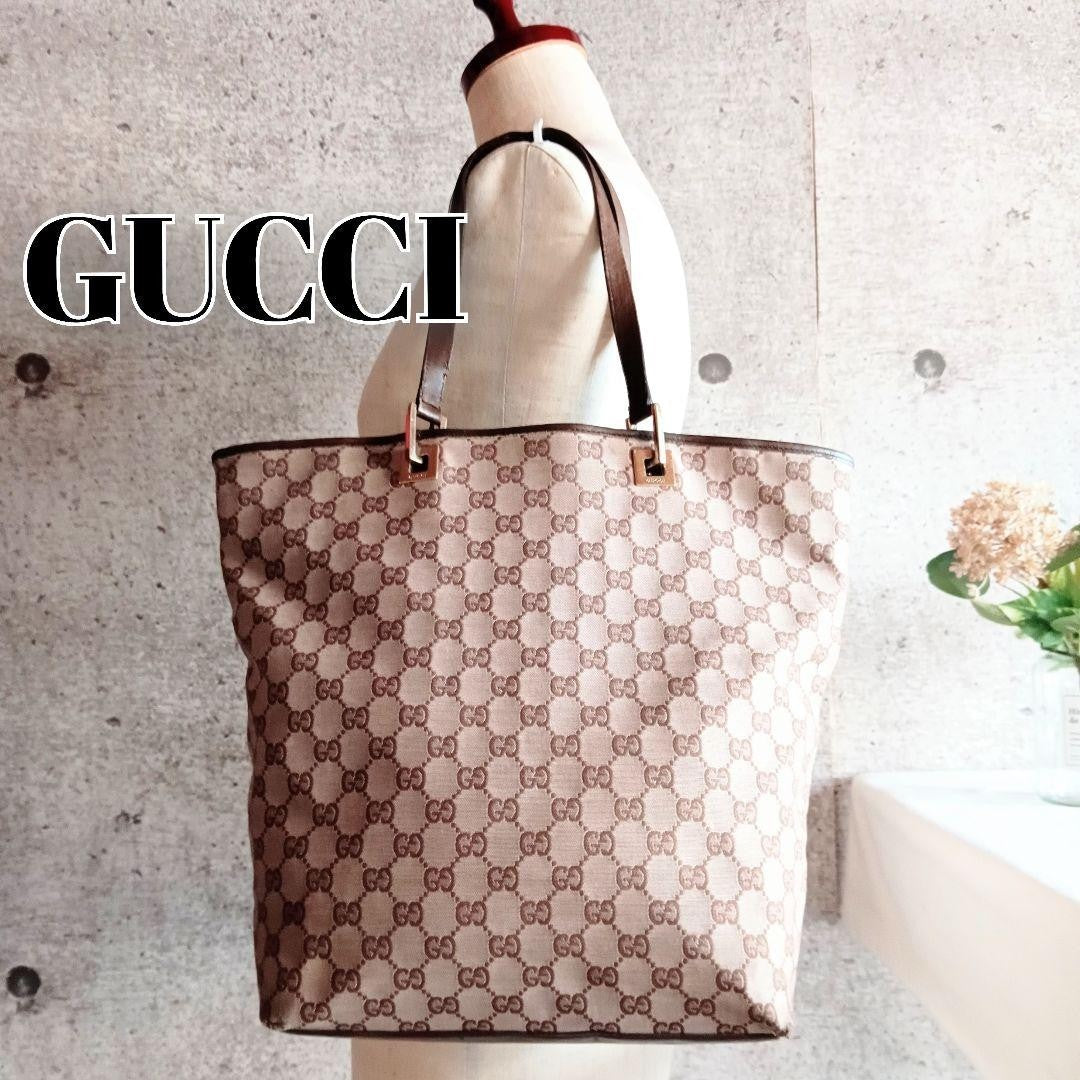 GUCCI GG Tote Shoulder Bag Leather Canvas Brown Beige Gold Hardware From Japan