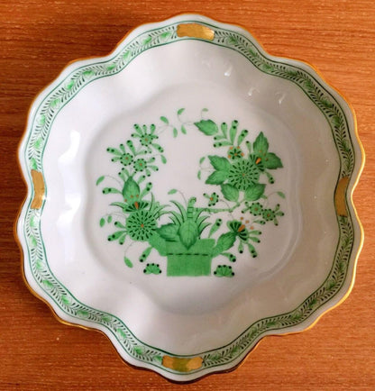 HEREND Fleurs des Indes Deep Plate Tray Dish 14cm Green Chinese Bouquet