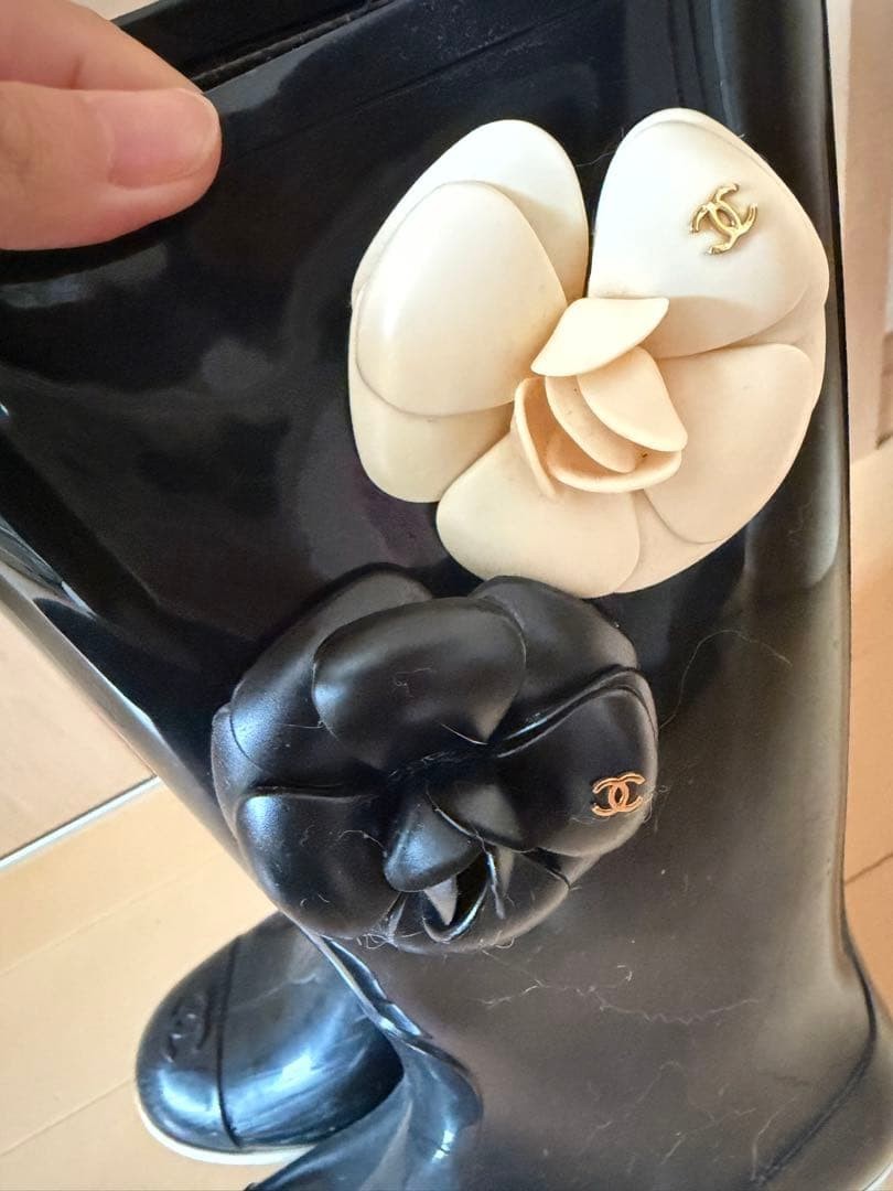 CHANEL Camellia Coco Mark Rain Boots Black Rubber Flower Logo Size EU36 used