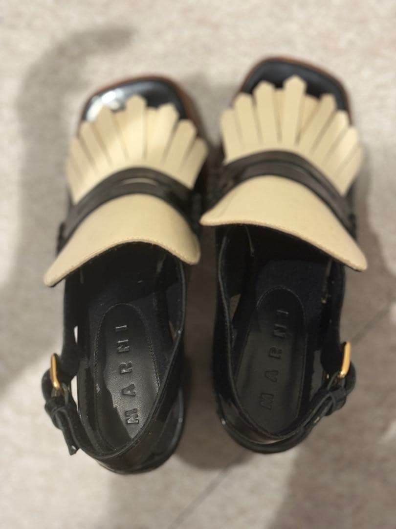 Auth MARNI fringe sandals Shoes Size EU 38 US8 Leather Black White Logo Women