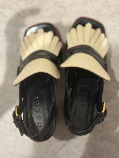 Auth MARNI fringe sandals Shoes Size EU 38 US8 Leather Black White Logo Women